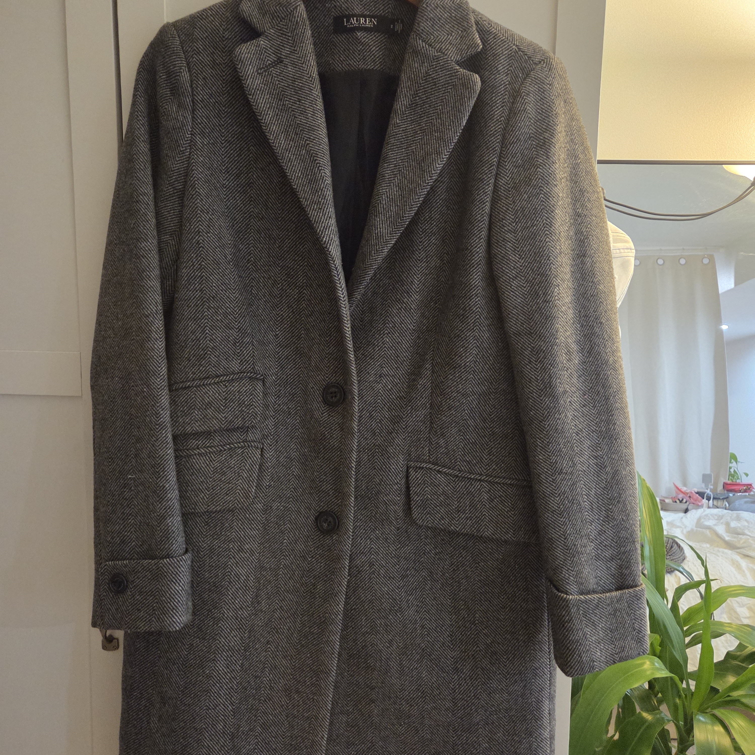 Ralph Lauren Herringbone Charcoal Trench Wool Coat